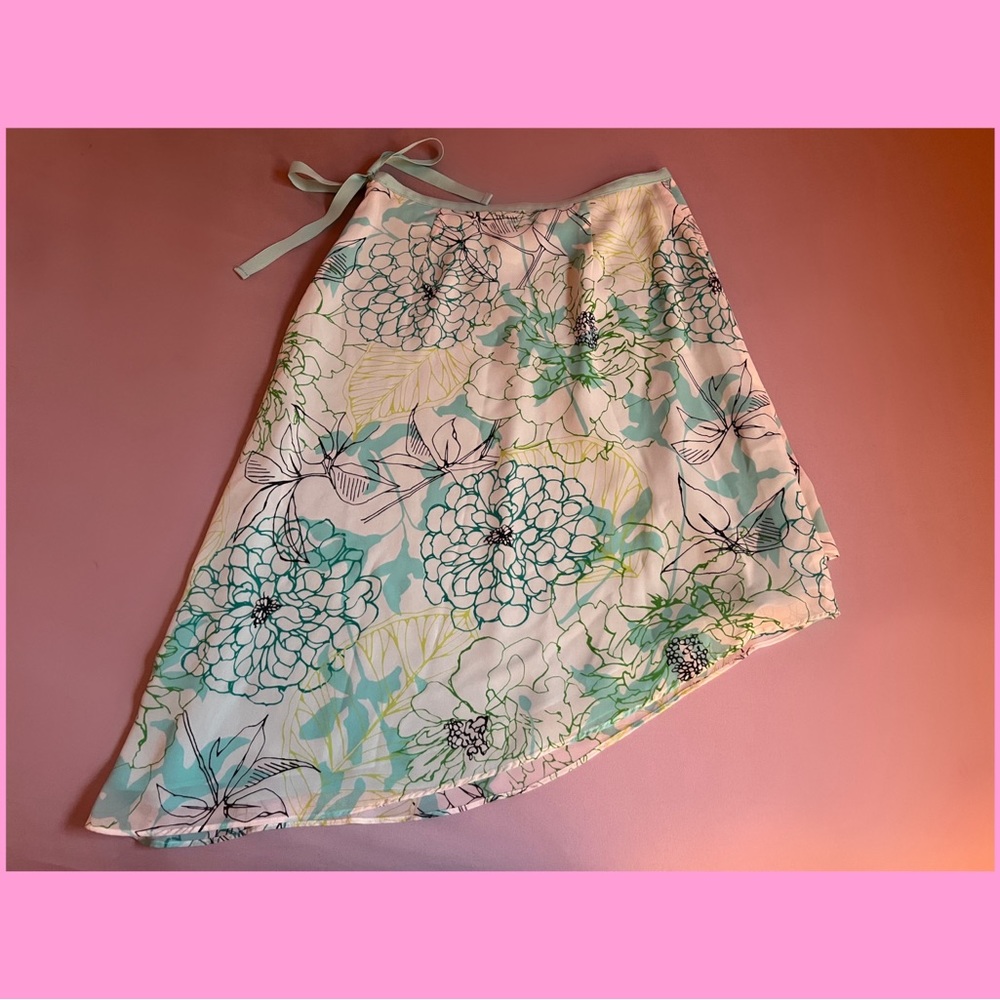 Vintage Y2K Nine & Company Teal and Green Floral Pattern Wrap Midi Skirt